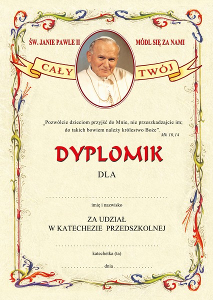 Dyplom  za udział w katechezie dla przedszkolaków III 8 b9