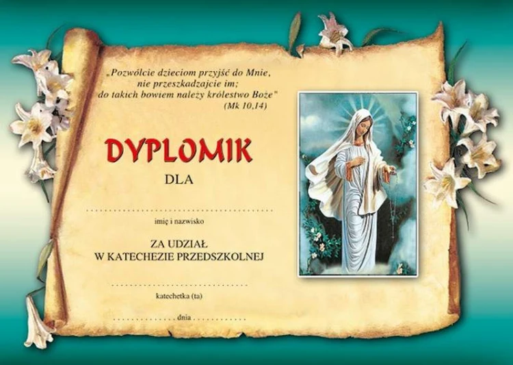 Dyplom  za udział w katechezie dla przedszkolaków Matka Boża B - 2/2024