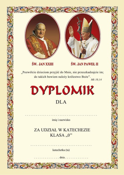 Dyplom za udział w katechezie dla klasy 0 - III 8 c16