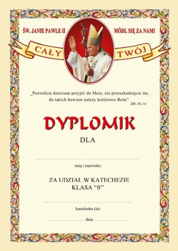 Dyplom za udział w katechezie dla klasy 0 - III 8 c9