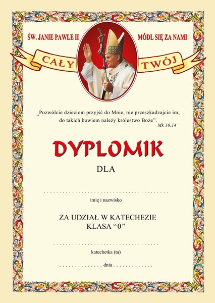 Dyplom za udział w katechezie dla klasy 0 - III 8 c9