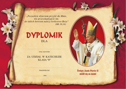 Dyplom za udział w katechezie dla klasy 0 - III 8 c8